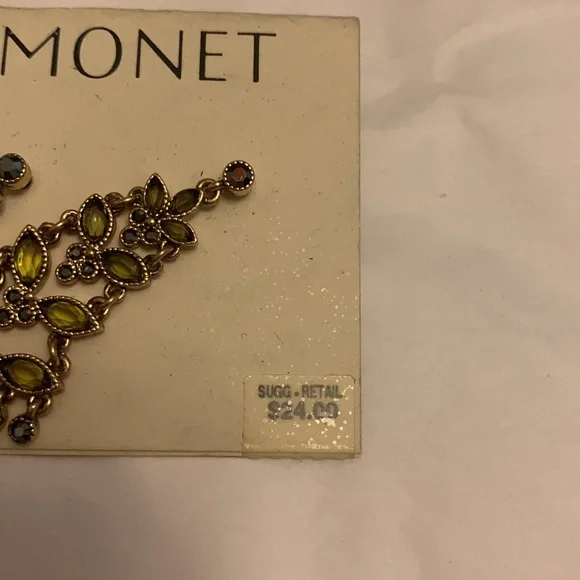 Monet Green Rhinestone and Gold Colored Metal Pierced Earrings - Picture 4 of 4